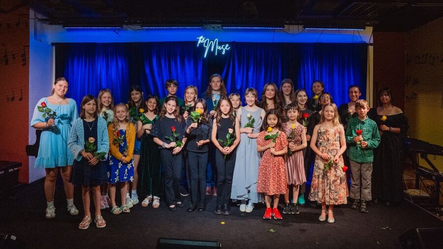 group of students with flowers